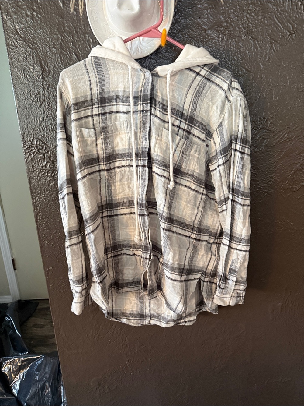 Women’s Hooded Plaid Button-Up Shirt Jacket - White & Gray